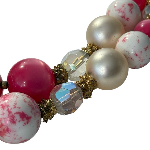 Vintage‎ Pink Double Strand Necklace Cat's Eye Faux Pearl Chunky Beads Marbled - Picture 12 of 16
